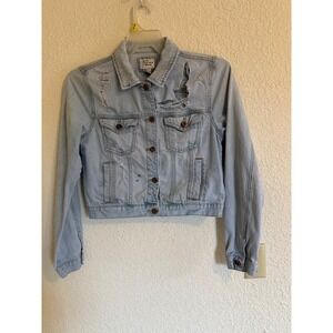 Forever 21 Premium Denim Distressed Cropped Jean Jacket Light Wash Womens Large